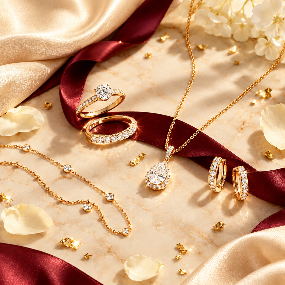 Eye-catching cover image for the DISCOUNTS collection, elegant gold jewellery with a burgundy ribbon and extra sparkle on a cream backdrop